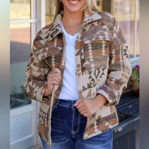 Camel aztec boho Geo print shacket Drop Shoulder Coat